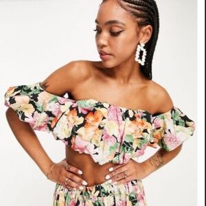 ASOS Black Floral Off-Shoulder Crop Top